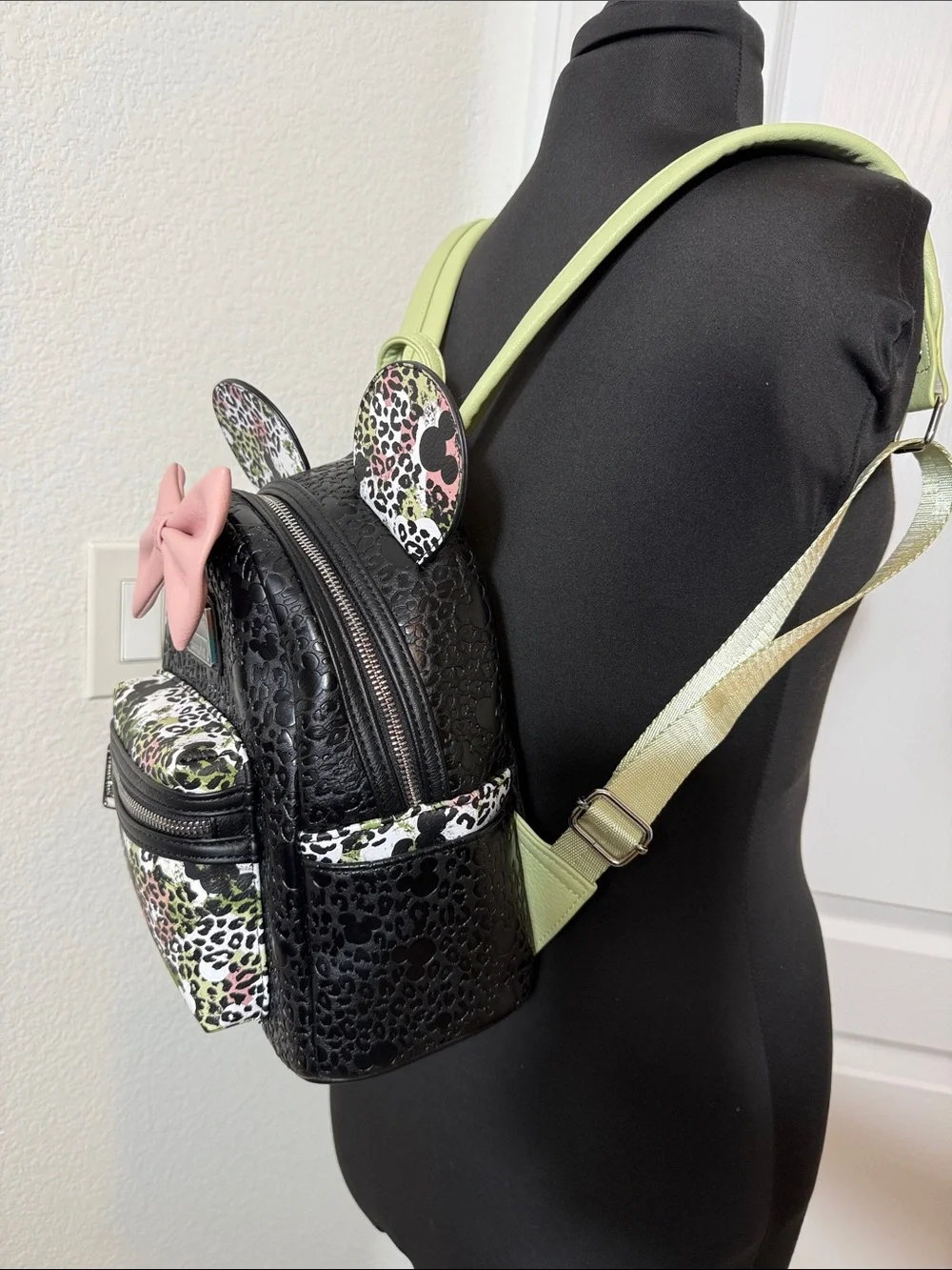 Loungefly Black Leopard Minnie Ear Mini Backpack with Pink Bow and Lime Straps